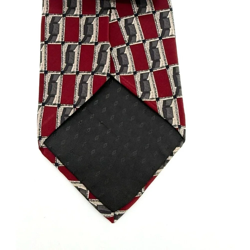 Kenneth Cole New York Silk Tie Burgundy Red Gray Geometric Abstract Vintage